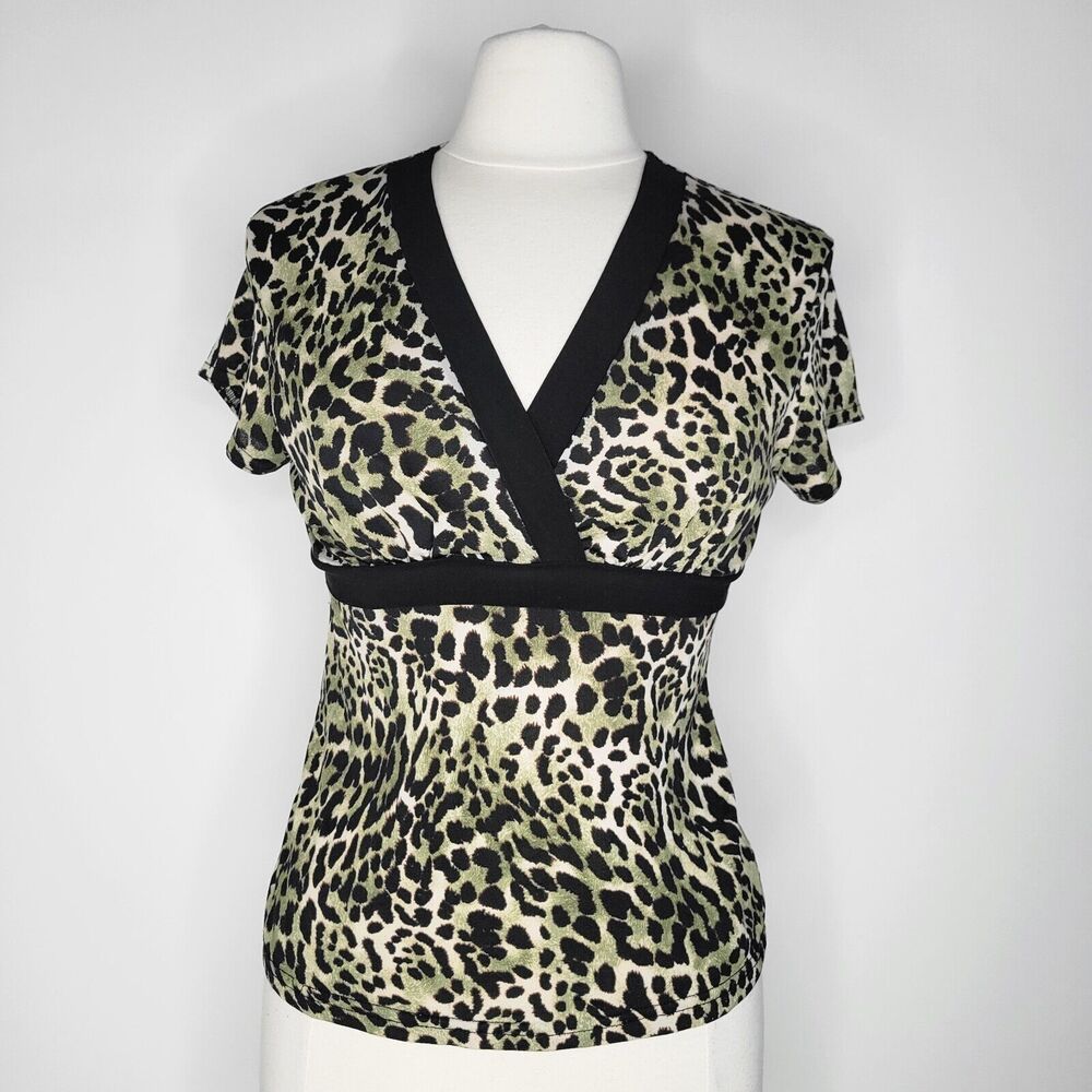 Vintage CLAUDIA RICHARD Camo Animal Print Top Size S Babydoll Empire Waist Y2K